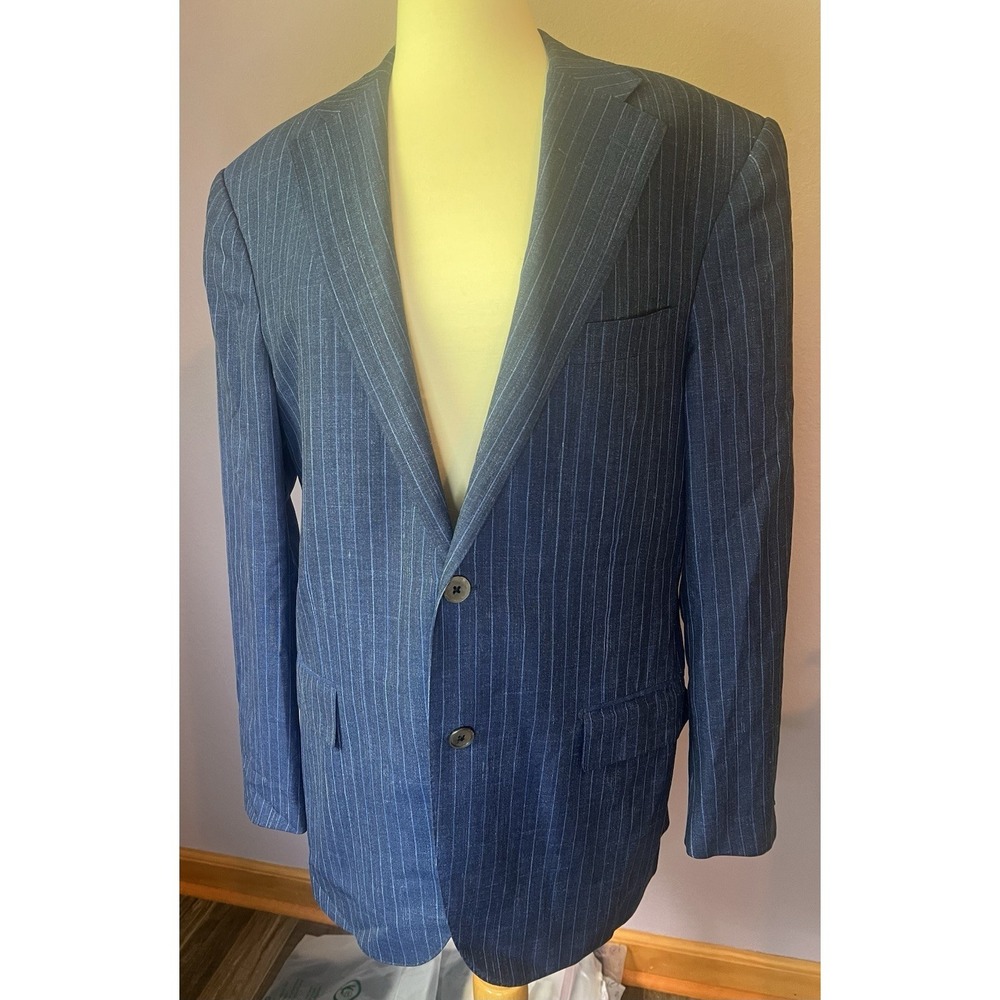 Corneliani Striped Blue Suit Jacket Italy Wool Silk Flax Italian 52 Drop 7 US 42